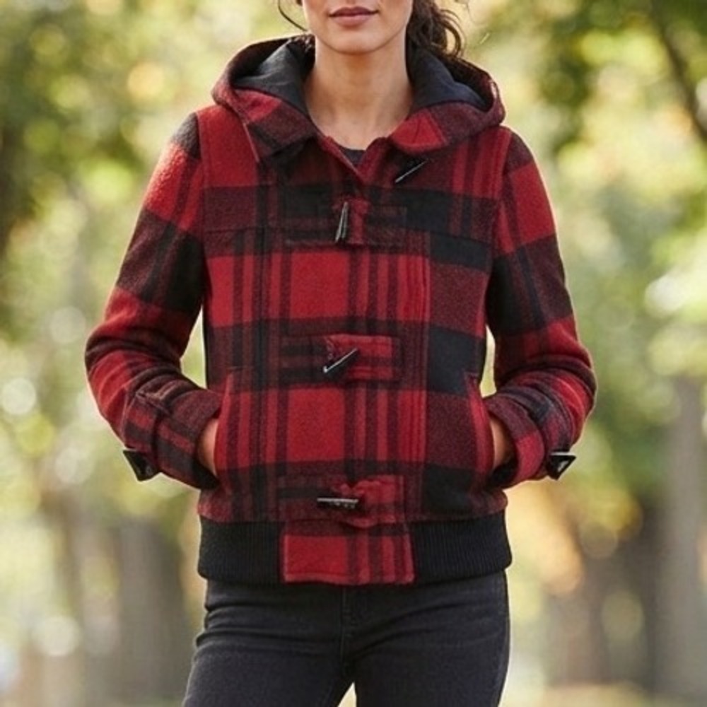 Vintage Forever 21 Women Red Black Buffalo Plaid Hooded Jacket Coat Medium